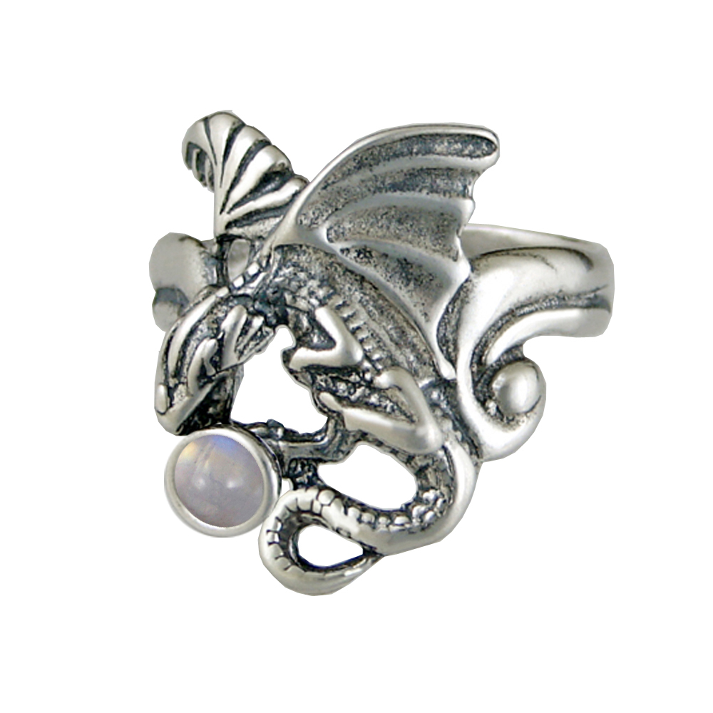 Sterling Silver Detailed Dragon Ring With Rainbow Moonstone Size 11